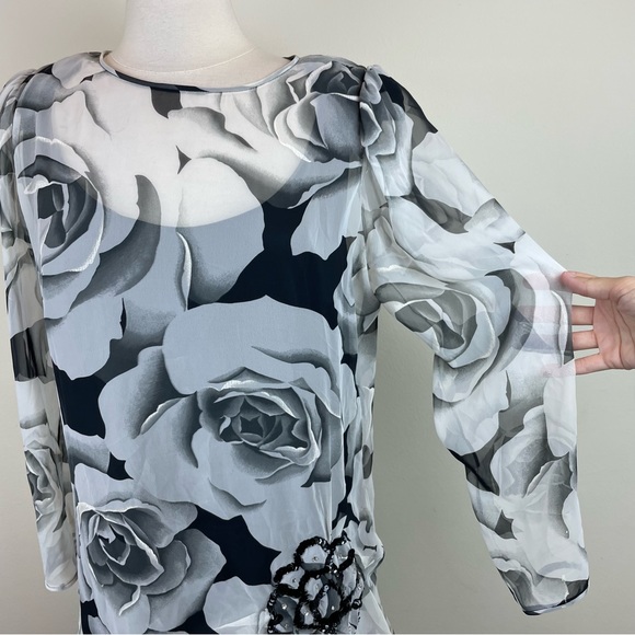 Vintage Pat Richards By Michael Maiello Black White Rose Floral Dress Size 16 - Picture 6 of 11